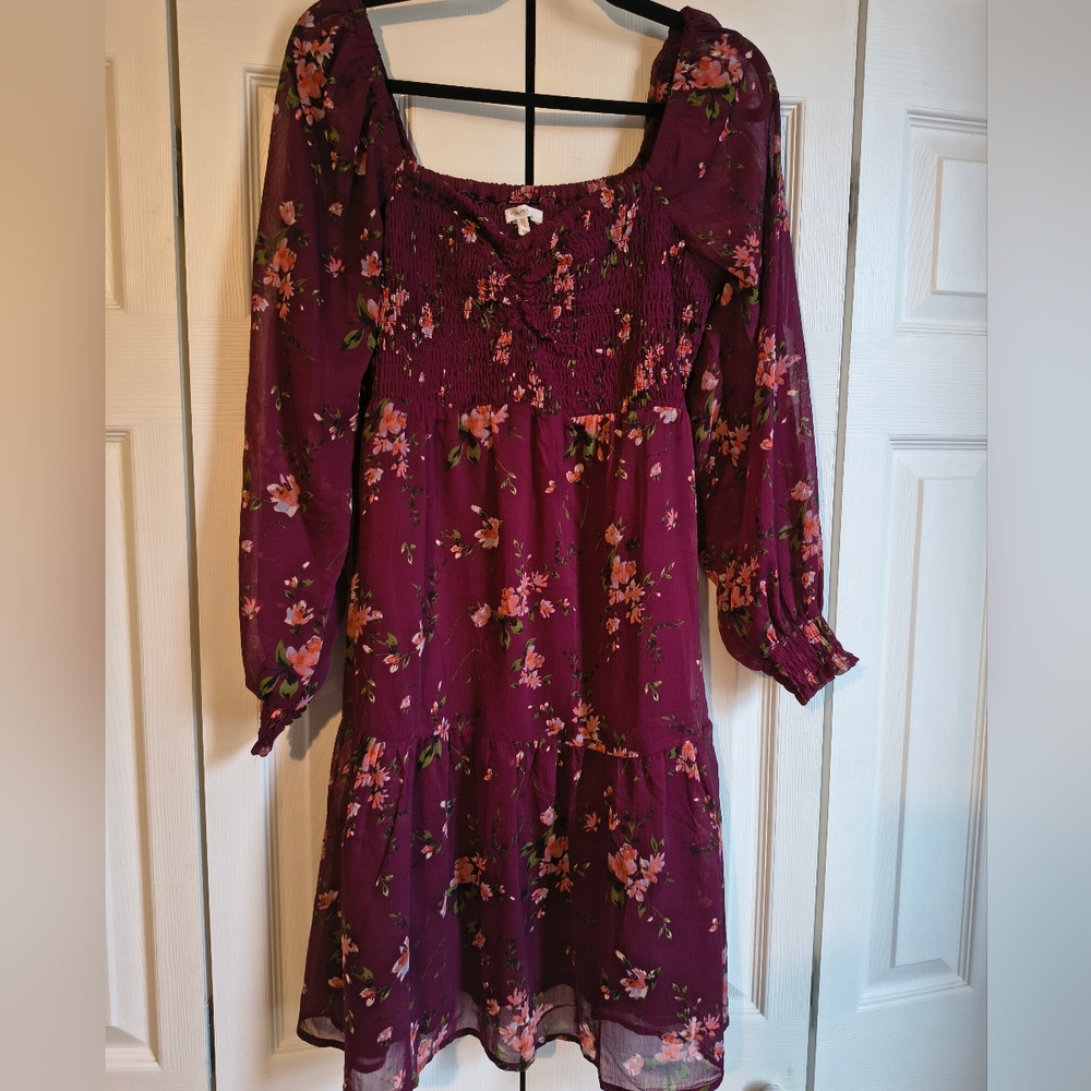 Maurices Burgundy Floral Long Sleeve Dress